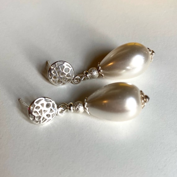 Boucles D'Oreilles Argent Poinçonné - Grosses Gouttes Grises Perle Nacré - Neuf Sans Boîte