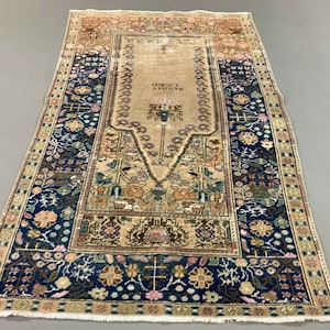 Distressed Turkish Rug 122x79 cm Vintage Shabby, Wool Tribal Blue, Beige Small