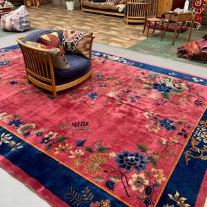 Large Chinese Art Deco Carpet, 448x308 cm, 1920s Wool, Handmade, Pink Blue Rug