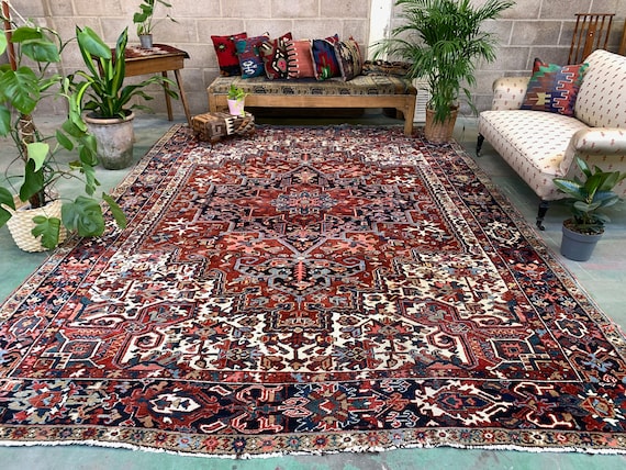 Antique Heriz Rug 353x263 Cm Wool Oriental Hand Made Carpet Red