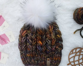 ADULT Luxury Line Chunky Knit Faux Fur Pom Pom Hat/Fall Pom-Pom Beanie/Women Teen Knitted Hat/Warm Winter Hat/Merino Wool beanie hat/Ski Hat