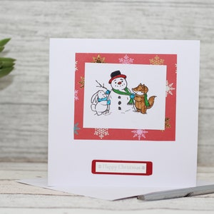 Bonhomme de neige et amis, carte de bonhomme de neige, carte d'hiver, bonhomme de neige de Noël, carte de Noël, cartes de Noël, carte de lapin, carte de Noël de renard