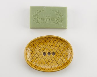 Yellow Lace Print Handmade Ceramic Soap Dish, Unique Pottery Soap Drainer