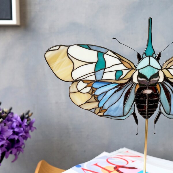 Stained Glass 'Amber .Cornflower' Bug Suncatcher | Home Decor | Stained Glass Panel | Original Design | Renter Friendly