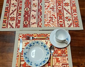 Kilim Placemat Set: Turkish Fabric & Leather, Double-Sided (16x12'')