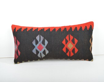 Black Red Kilim Lumbar Pillow Cover, Wool Accent Pillow 12x24