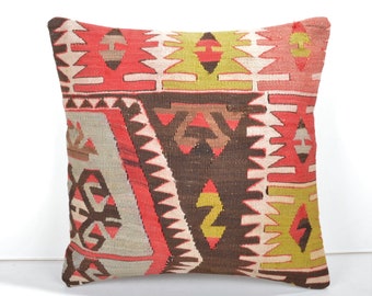 Handmade Kilim Pillow Cover, Wool Throw Pillow, 16x16