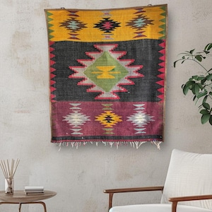 Handwoven Kilim Wall Hanging: Vintage Turkish Wool Decor