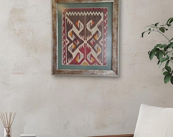 Handwoven Kilim Wall Decor: Vintage Turkish Rug Art in Wood Frame