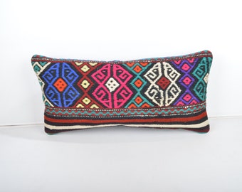 Handmade Kilim Lumbar Pillow Cover: Wool Sofa Cushion (24x12'')