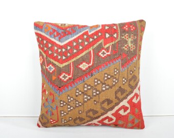 Boho Kilim Pillow Cover, Handmade Wool Turkish Cushion (16x16'')