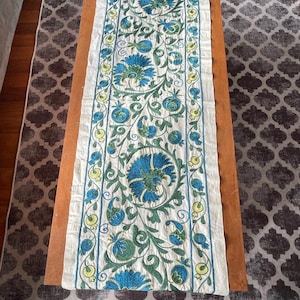 Suzani Table Runner,Wall Hanging, Handmade Suzani Hanging,green blue Suzani,Table cover,Embroidered Table runner ,Embroidered Suzani Decor