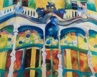 Casa Batlló Barcelona acuarela original 36 x 54 cm - 14 x 21 pulgadas + pinturas giclée