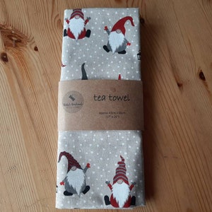 Gnome Gonk Elf Christmas Fabric Tea Towel in Red and Grey Cotton Rich Linen