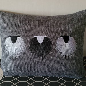 Embroidered Sheep Bolster Cushion on Grey Open Weave Chenille Handmade and Embroidered in the UK herdwick