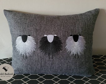 Embroidered Sheep Bolster Cushion on Grey Open Weave Chenille Handmade and Embroidered in the UK herdwick