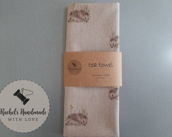 Hedgehog Tea Towel in Print Cotton Rich Linen Look Fabric with Hanging Loop