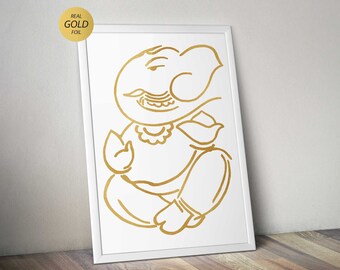 Gold Foil Print Ganesh On White Card For Weddings, Mindfulness, Meditation, Housewarming Gift. Ganesha Hindu Decor Wall Art