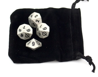 Group of four Magic the Gathering D10 poison counter dice with Phyrexian or skull symbol. Perfect to signify MTG tokens and counters.