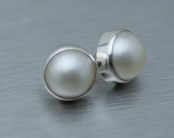 Large White Mabe Pearl Stud Earrings, 92.5% Sterling Silver, 11mm Pearls, June Birthstone.