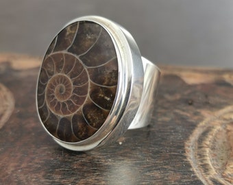 Large Oval Ammonite Fossil Ring, 92.5% Sterling Silver