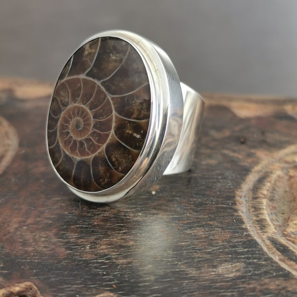 Large Oval Ammonite Fossil Ring, 92.5% Sterling Silver