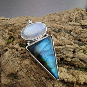 Large Moonstone And Labradorite Pendant, 925 Sterling Silver.