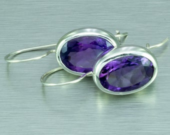 Large Oval Faceted Amethyst Earrings, 92.5% Sterling Silver, February Birthstone. Available in two sizes.