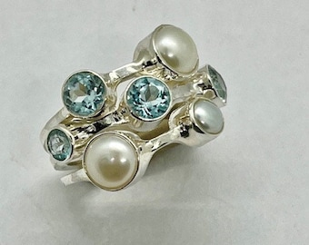 Blue Topaz and Pearl Multistone Ring, 925 Sterling Silver