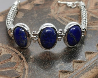 Genuine Lapis lazuli Natural Color 925 Silver adjustable Bracelet  USA SELLER 