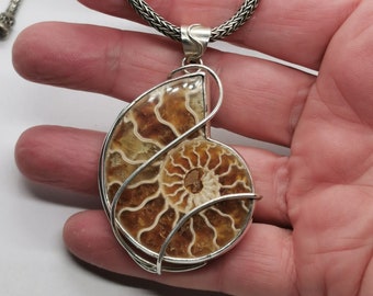 Large Ammonite Fossil Pendant, Wire wrapped, 925 Sterling Silver.