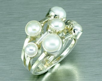 Multi Pearl Bubble Ring, 925 Sterling Silver, June Birthstone.