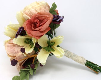 Bouquet vintage, couleurs poudreuses, Bouquet retro, fleurs en papier, fleurs mariage, roses en crépon, bouquet mariage, fleurs mariée, rose