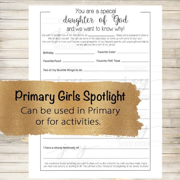 Primary Spotlight Printable, Girls Spotlight Printable, Primary Activity Printable