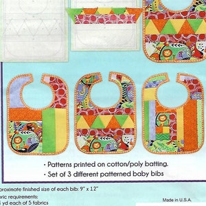 June Tailor - Quilt As You Go Baby Bibs - Patterns printed on cotton/poly  batting - Set of 3 different patterned baby bibs