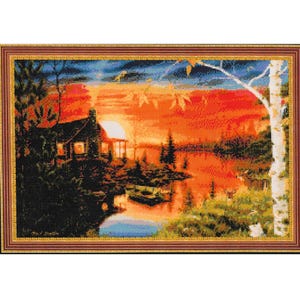 Cross Stitch Kit: Autumn Evening Cottage Scene - Kustom Krafts 14ct Aida