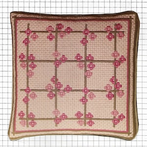 Kit de bordado contado - Cojín FLOWER TRELLIS - Lienzo monocromático de 14 cts., lanas Appleton Crewel, lienzo con gráficos, cuadrado de 38 cm, c1982, fuera de stock