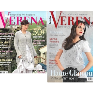 May include: Two Verena knitting magazines are displayed. The Spring 2009 issue features a woman in a gray cardigan. The Spring 2010 issue shows a woman in a white top. Text includes "50+ patterns" and "Haute Glamour".