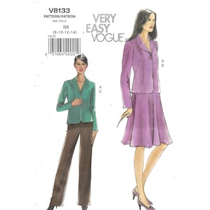 May include: A sewing pattern for a jacket and skirt set. The pattern is for sizes 8-10-12-14. The pattern is from Very Easy Vogue and is labeled V8133.