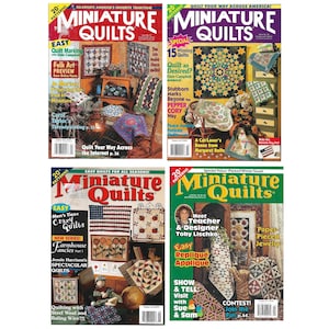 May include: Four issues of "Miniature Quilts" magazine are displayed, each with a different cover design. The covers feature colorful quilts, text, and images. The magazines highlight quilting patterns and techniques, with titles like "Easy Quilts" and "Crazy Quilts."