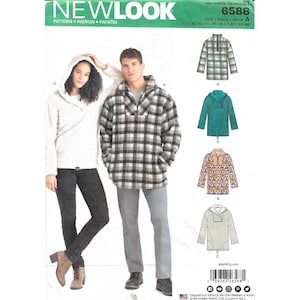 May include: New Look sewing pattern 6588 for a pullover hoodie with a collar and front zipper. The envelope displays illustrations of four variations in different fabrics and patterns, including plaid, solid teal, and a geometric print design.