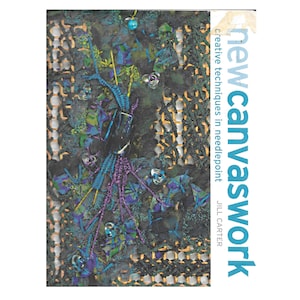 May include: A book cover showing a close-up of needlepoint art in teal, purple, and green. The artwork has a textured look with beaded details. The title "new canvaswork" is in teal, with the subtitle "creative techniques in needlepoint" and the author's name.