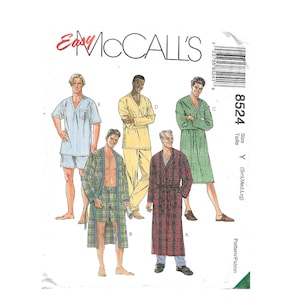 May include: McCall's pattern 8524 featuring illustrations of sleepwear and robes. The image shows various styles, including a striped pajama set, a yellow pajama set, a green robe, a plaid robe and shorts set, and a red plaid robe.