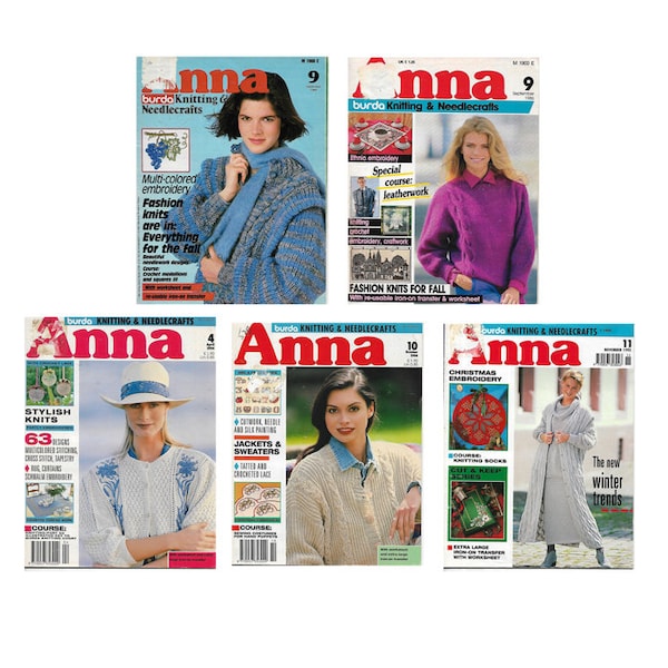 ANNA MAGAZINE, 1984 à 1995, numéros par Burda, anglais, tricot et couture, motifs vintage, décalcomanies thermocollantes, feuilles de travail