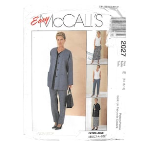 May include: A sewing pattern for a jacket and pants set. The pattern is for sizes 14, 16, and 18. The pattern is called "Easy McCall's" and is for a petite-able select-a-size design. The pattern is for a jacket and pants set. The pattern is called "Easy McCall's" and is for a petite-able select-a-size design.