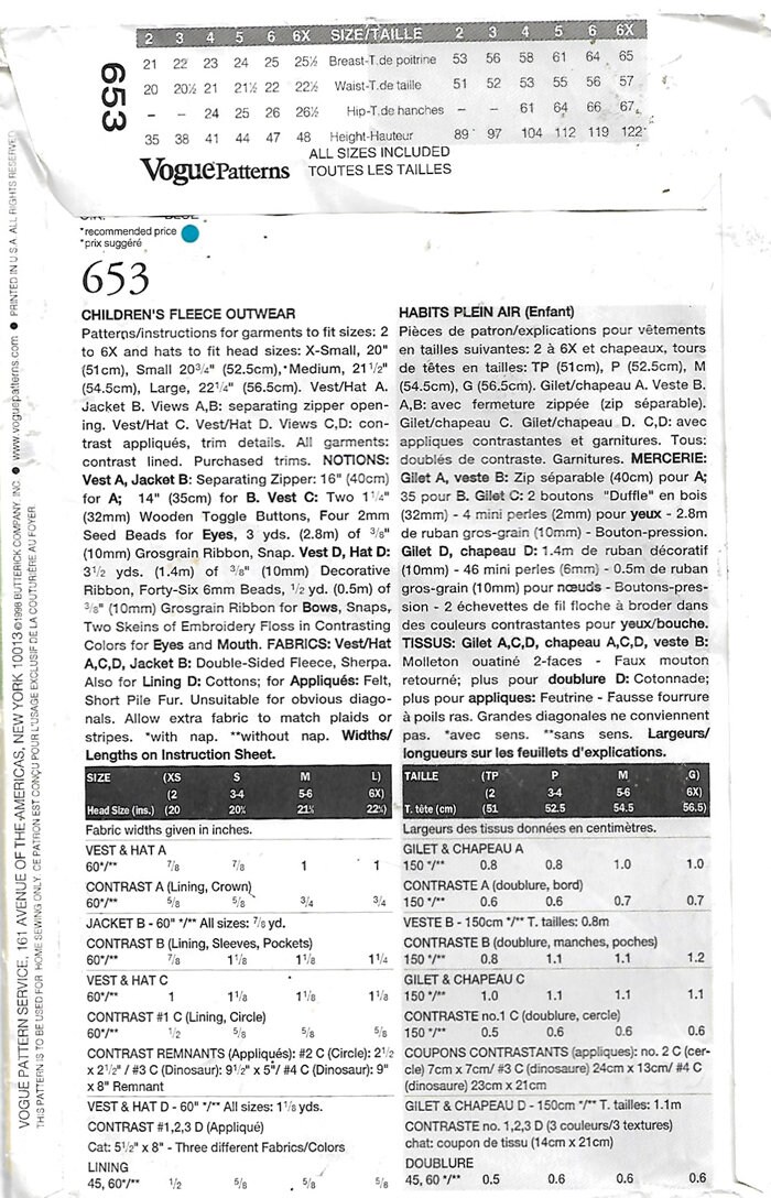 Vogue SEWING PATTERN for Child's Fleece Vest Jacket Hat Etsy