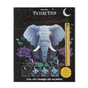 May include: A Picture Etch Midnight Creatures art kit featuring a central illustration of a blue elephant surrounded by purple lotus flowers on a black background. The kit includes a wooden stylus and eight etch-art pictures to reveal.