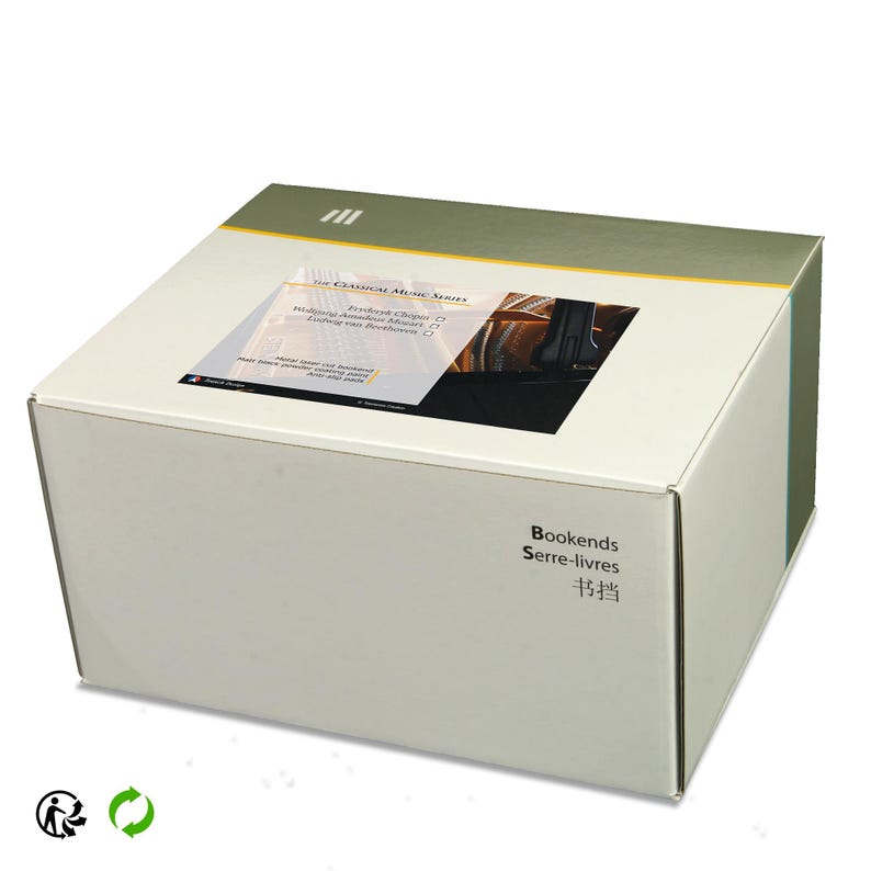 May include: A white box with a green and silver top. The box has a label that says "The Classical Music Series" and features a picture of a grand piano. The box also has a label that says "Bookends" in English, French, and Japanese.
