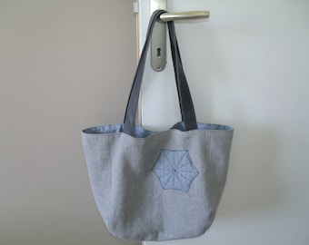 Cabas Handbag Tok All in Lin and Japanese Cotton and Leather Anses