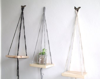 Set of 3 Mini shelves Macrame hanging black gray and white